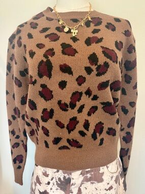 Women’s Brown Leopard Print Crewneck Sweater with Black & Brown Accents
